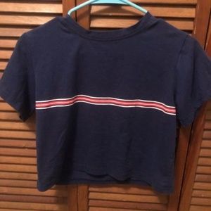 Short Navy Blue Crop Top Red Stripe Sport Boxy Boy Cut Romwe